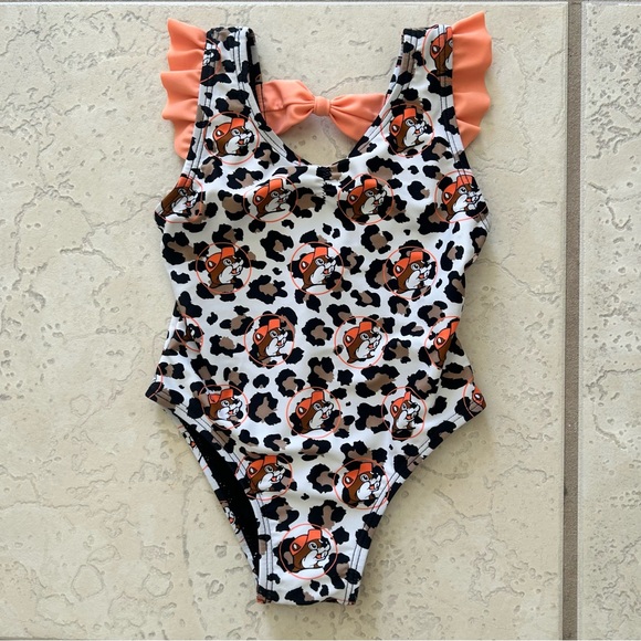 Buc-ee’s Swimsuit 9-12 Months Infant Baby One-Piece Leopard Beaver Print Swim - Picture 1 of 4